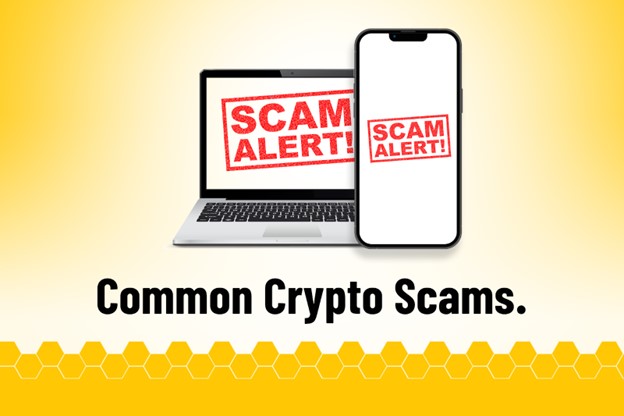 Image with a laptop and smartphone displaying "SCAM ALERT!" in red letters on a white background, above the text "Common Crypto Scams" in black letters on a yellow background. Honeycomb pattern at the bottom.