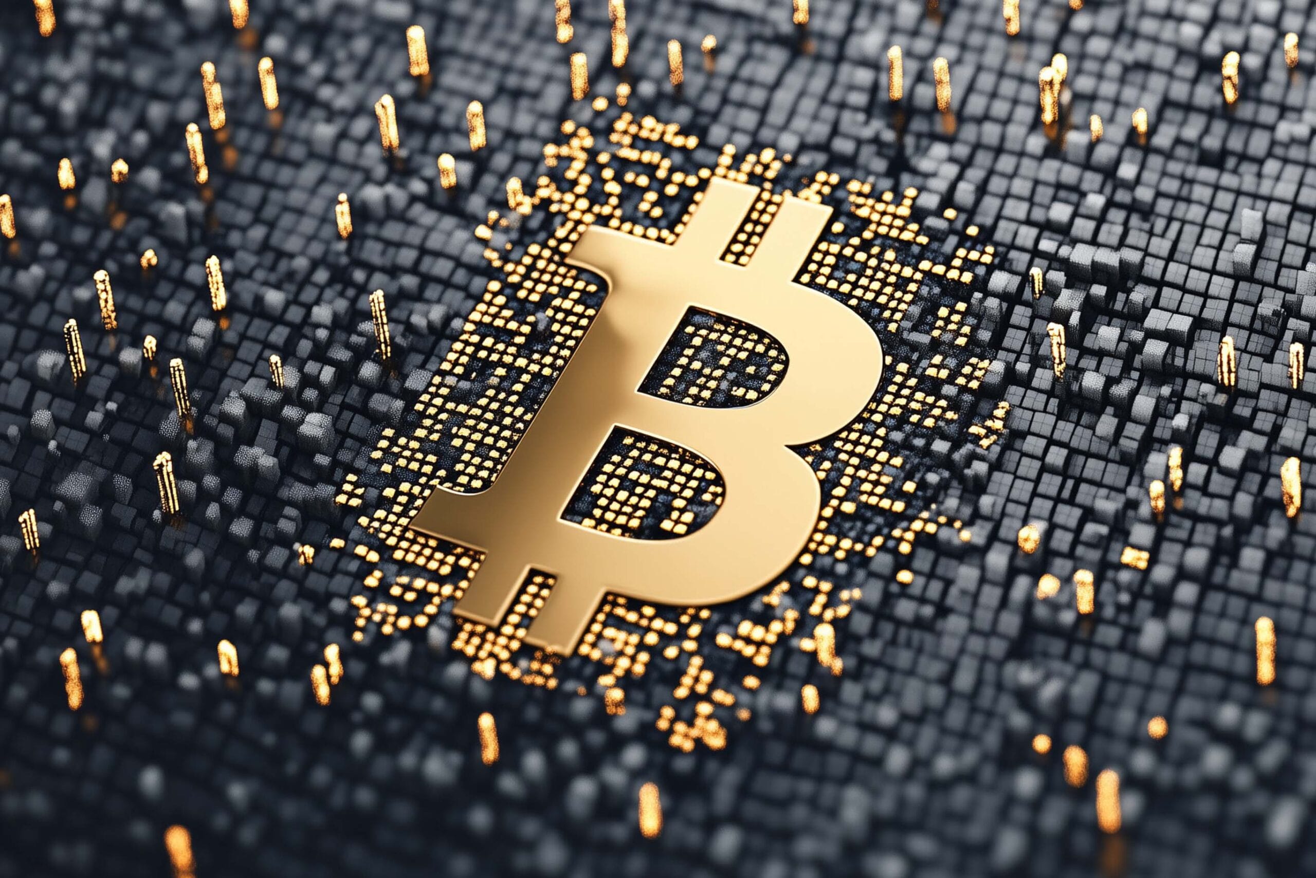 A 3D rendering of a gold Bitcoin symbol (₿) emerging from or embedded in a dark digital matrix background.