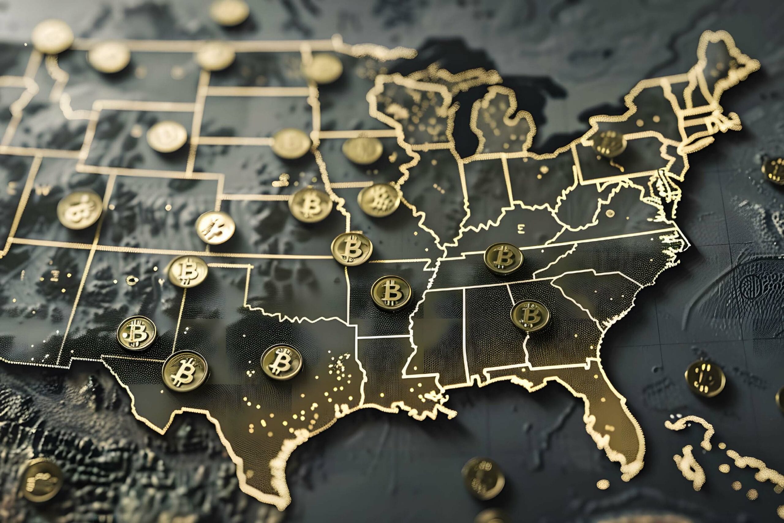 A stylized map of the United States rendered in gold lines on a dark background, with Bitcoin symbols scattered across various states.