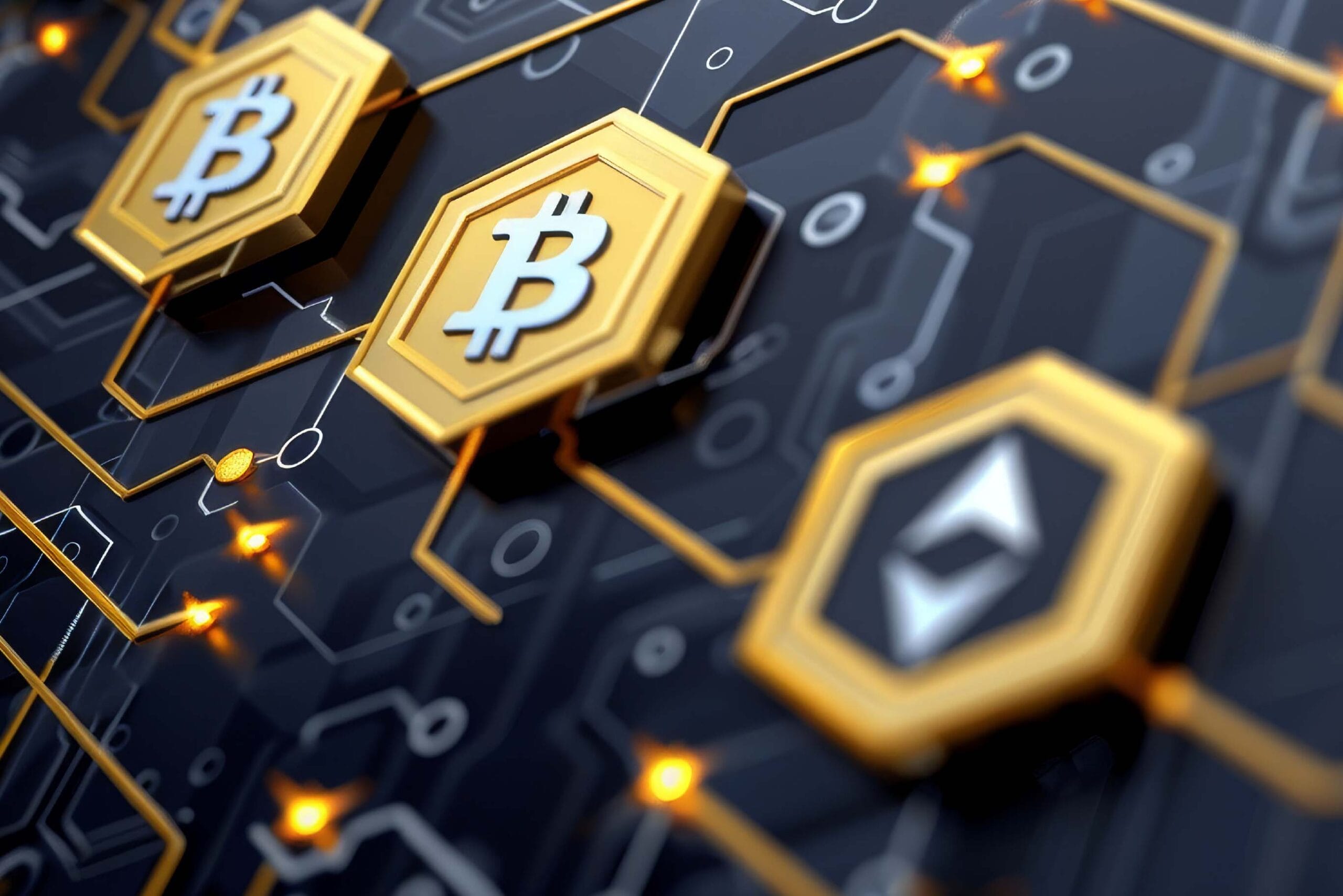 A 3D digital illustration showing hexagonal Bitcoin and Ethereum cryptocurrency symbols in gold and silver colors, connected by glowing orange network lines against a dark circuit board background.