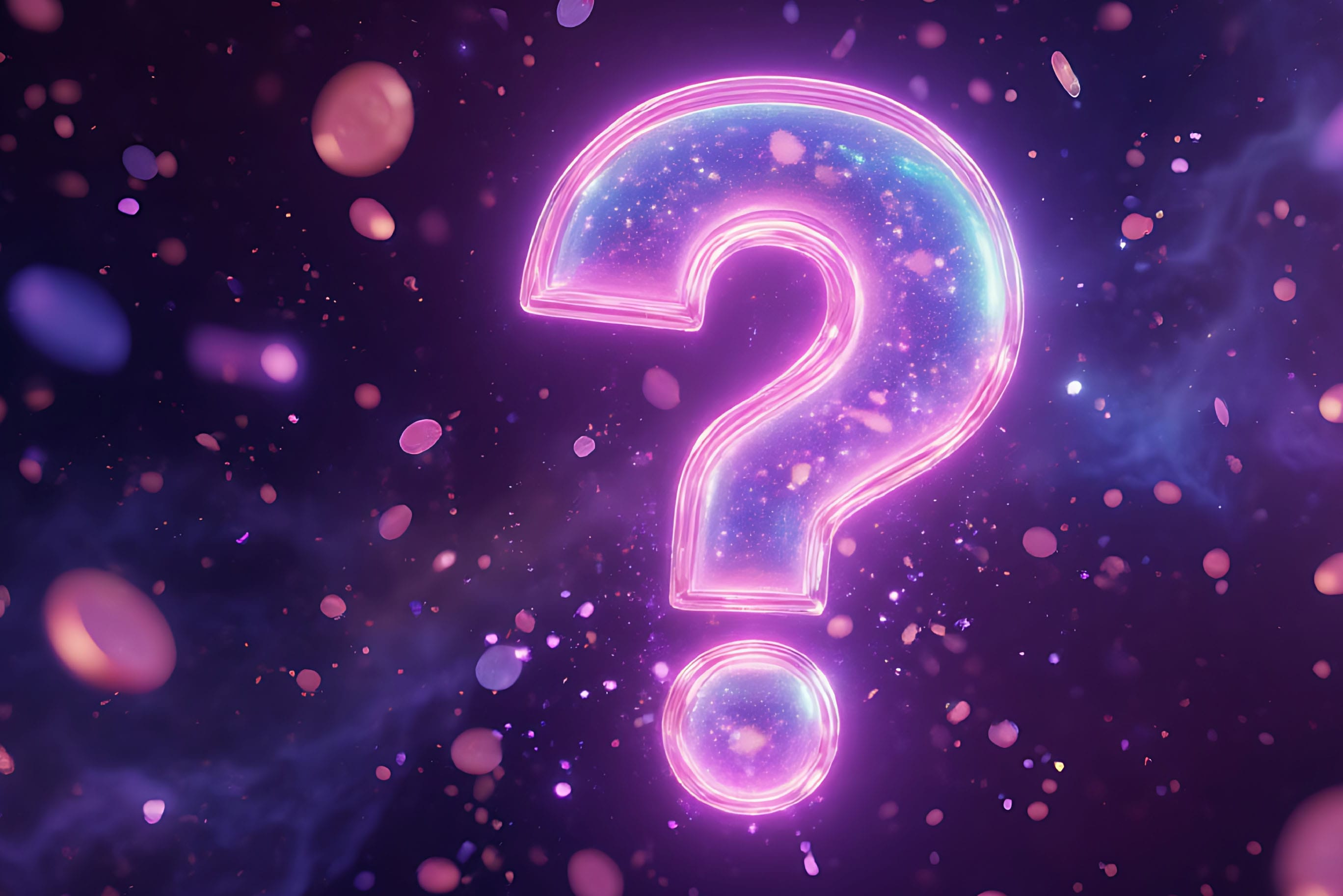 A large, glowing neon question mark against a dark, starry background with floating particles.